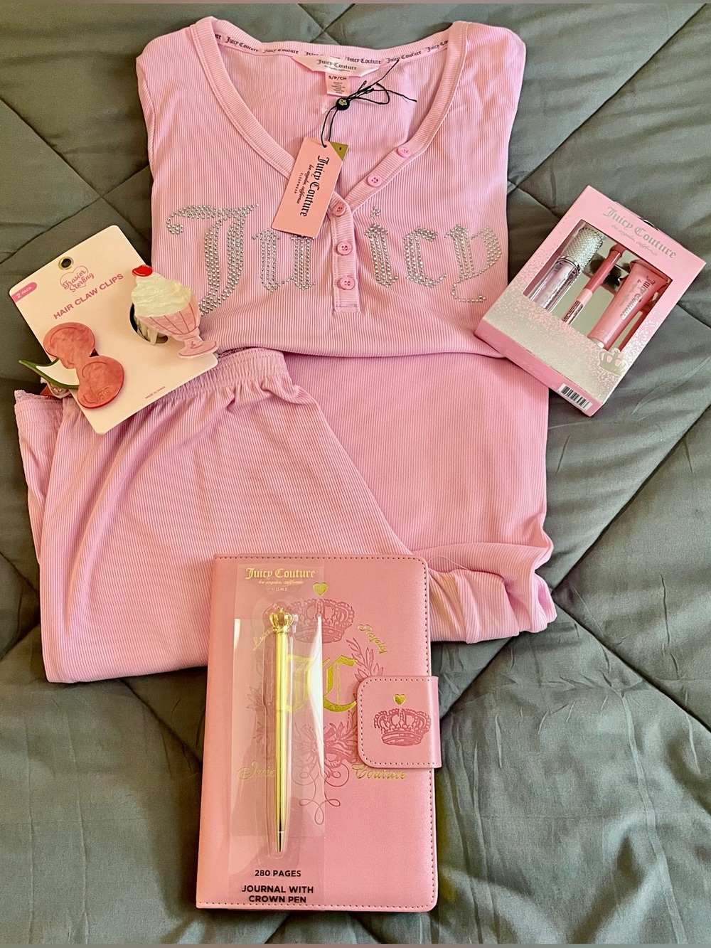 Juicy Couture Pink Rhinestone Logo Lounge Set w/ Pink JC Accessories NWT